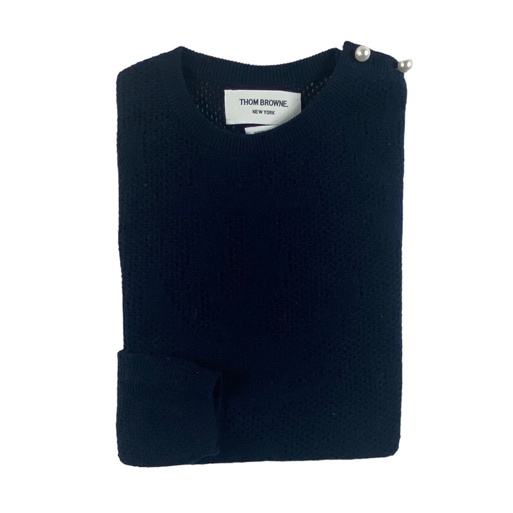 Thom Browne Nautical Woven Pure Cashmere Pearl Embellished Sweater Navy Blue S